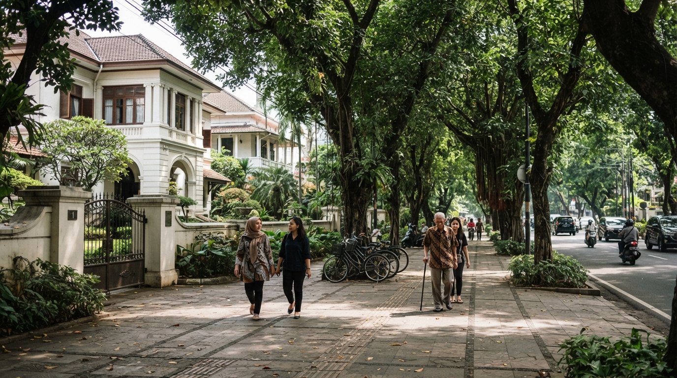 shaded Jalan Imam Bonjol in Menteng at morning, wide pavements, colonial-era villas set back behind walls and tall roadside trees