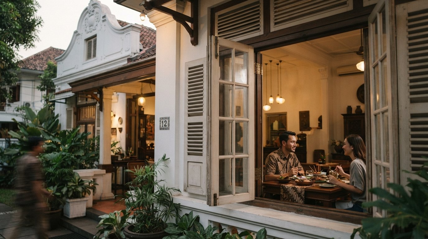 Kaum in a Dutch bungalow on Kusuma Atmaja, evening light on the heritage facade with a refined Indonesian table setting inside