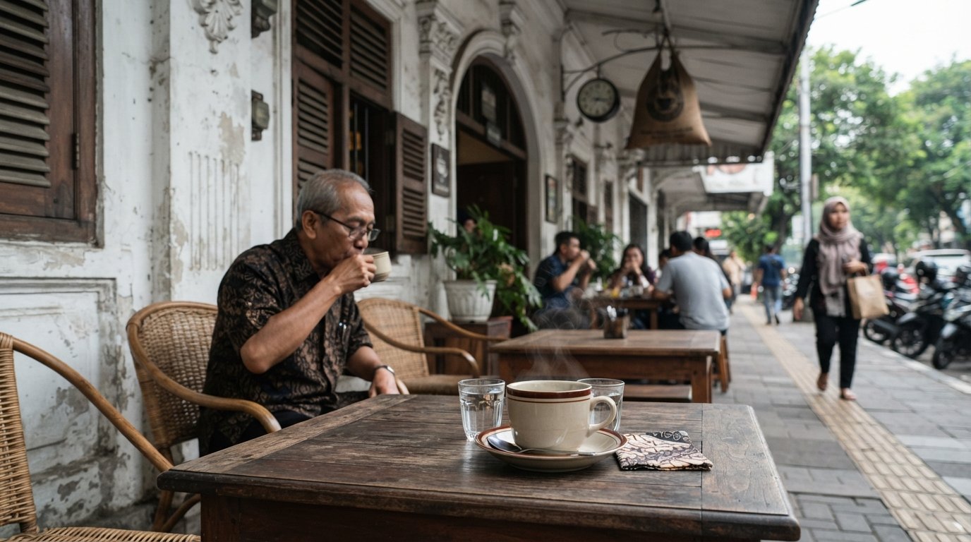 Bakoel Koffie on Cikini Raya, colonial ruko frontage and a cup of Toraja coffee on a wooden table in soft daylight