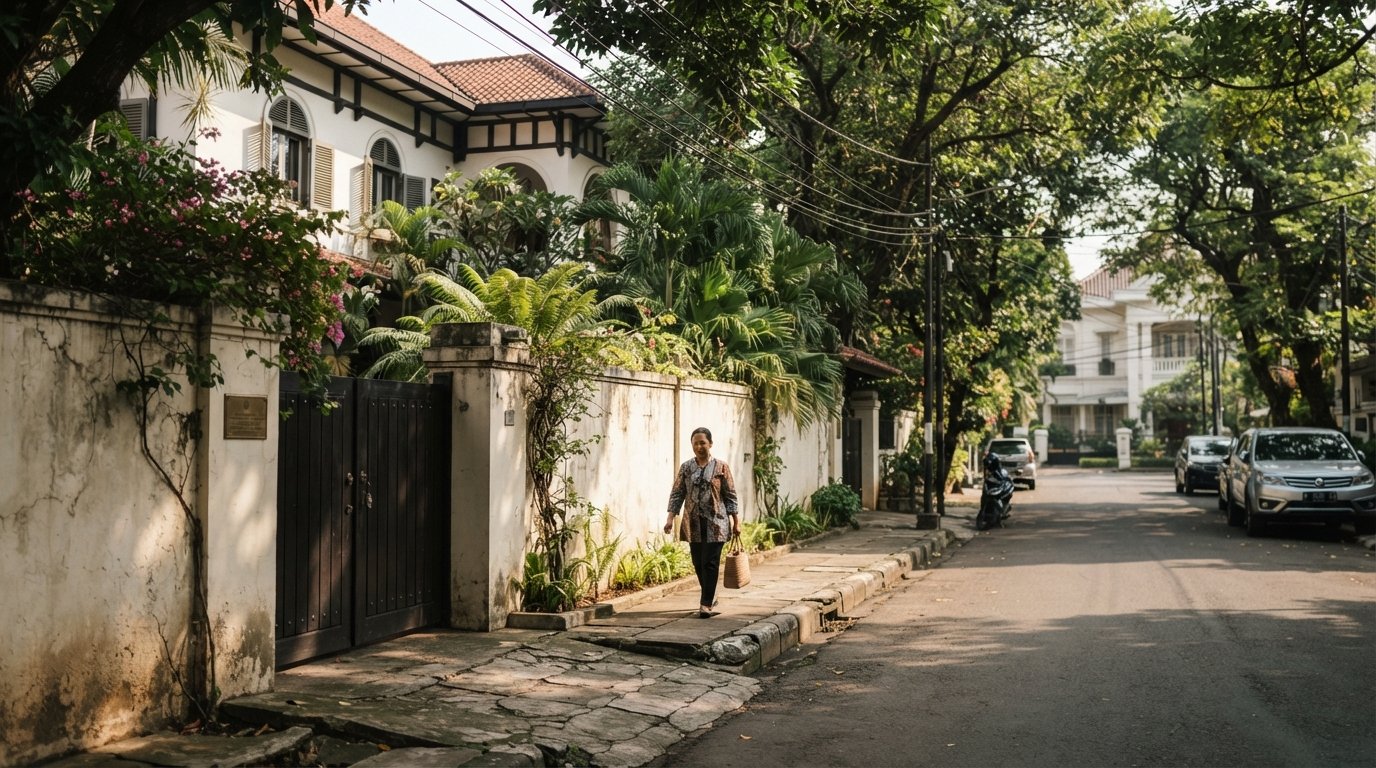 a quiet Menteng residential street near Jalan Teuku Umar, embassy villa facade behind a wall, dappled shade and a nearly empty pavement